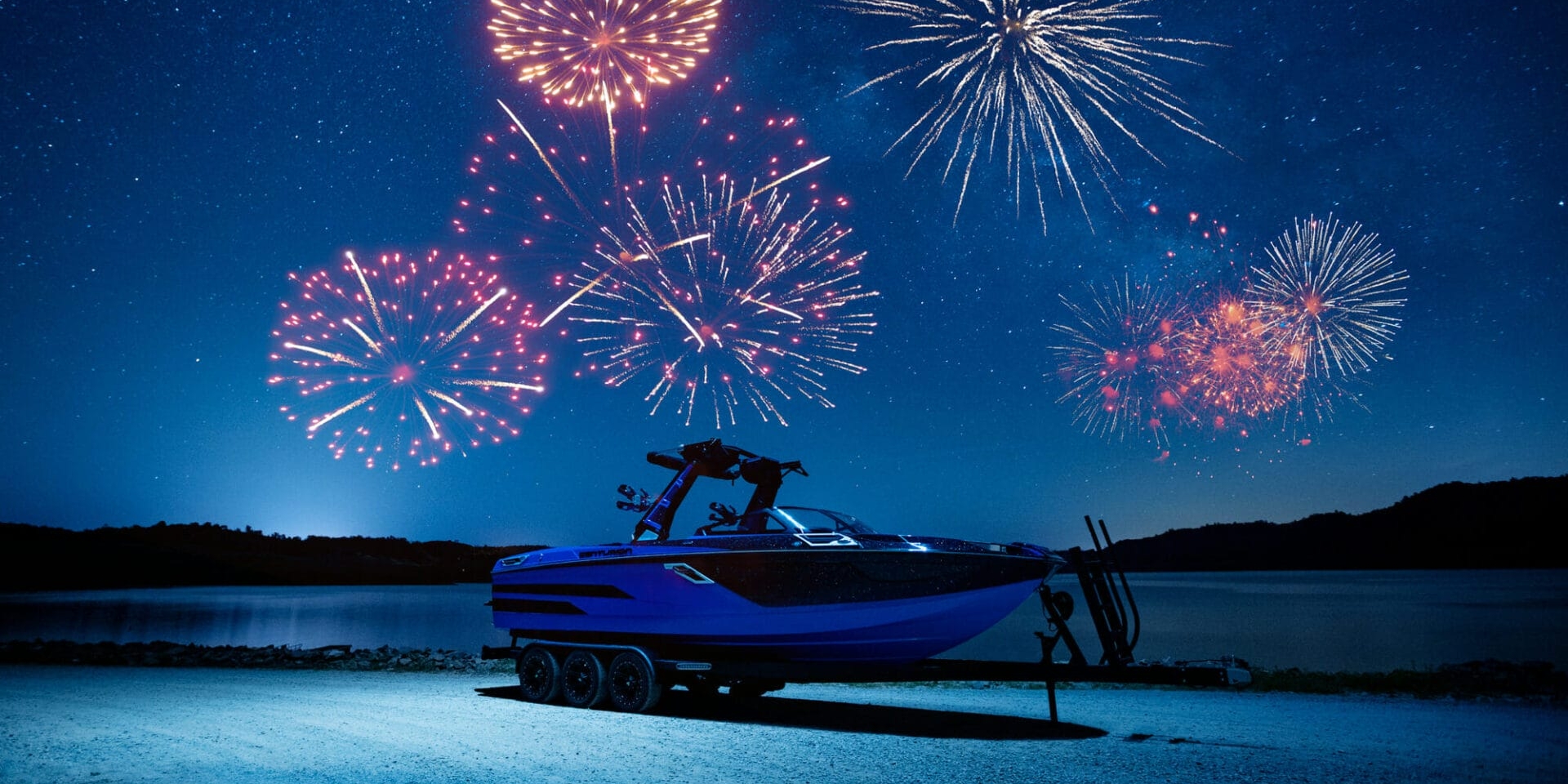 Ri265 at night with Fireworks exploding behind