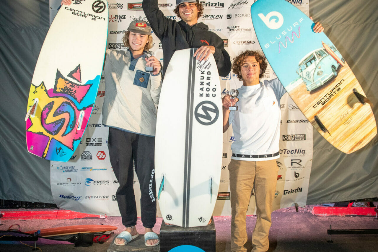 Three people standing on a podium during the 2024 WWSC.