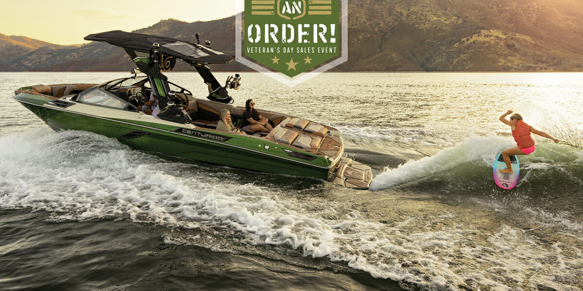 That’s An Order! Centurion Veteran’s Day Sales Event promo with boat and surfer