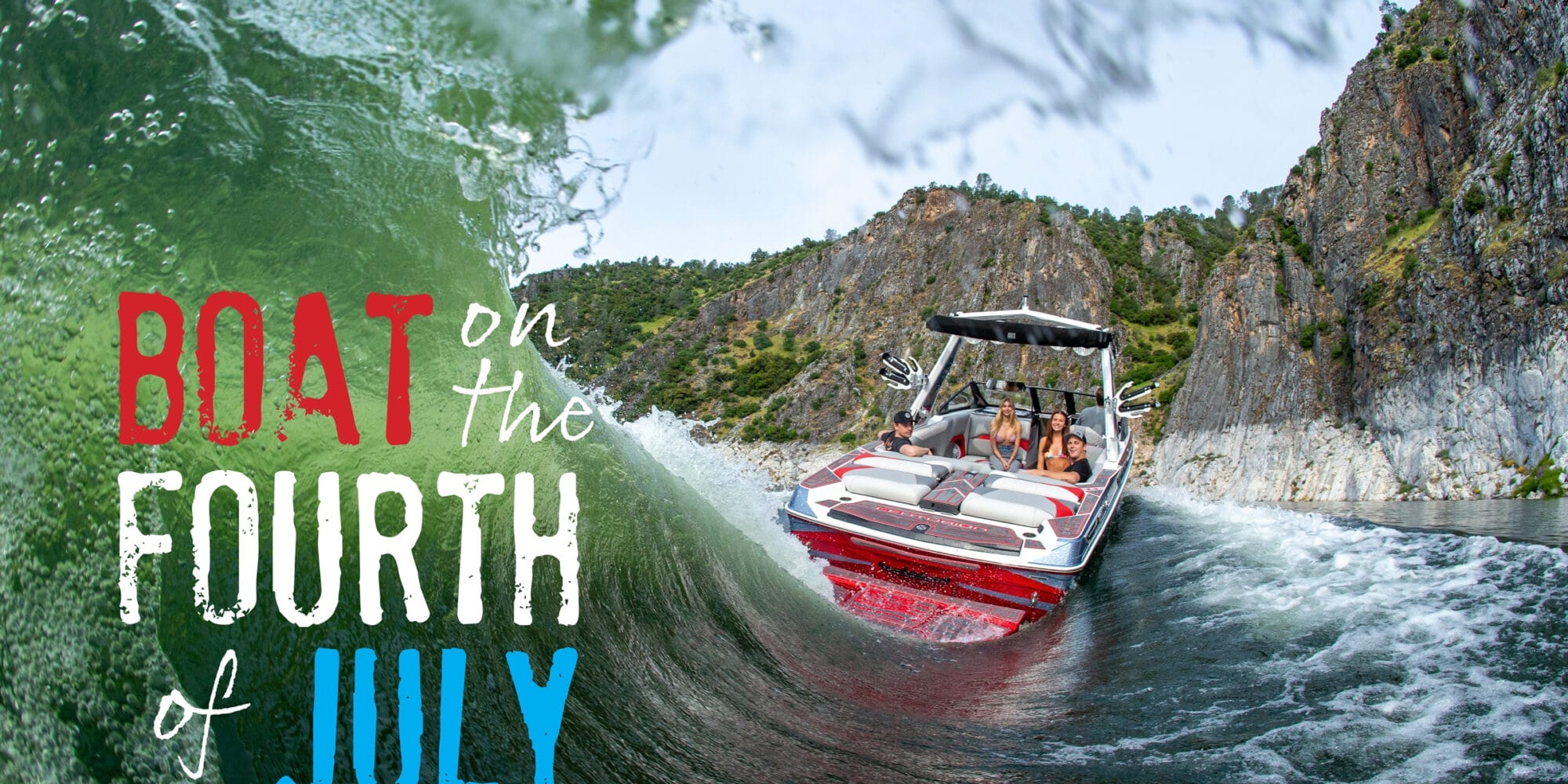 A boat with passengers rides through waves near rocky cliffs. The text 