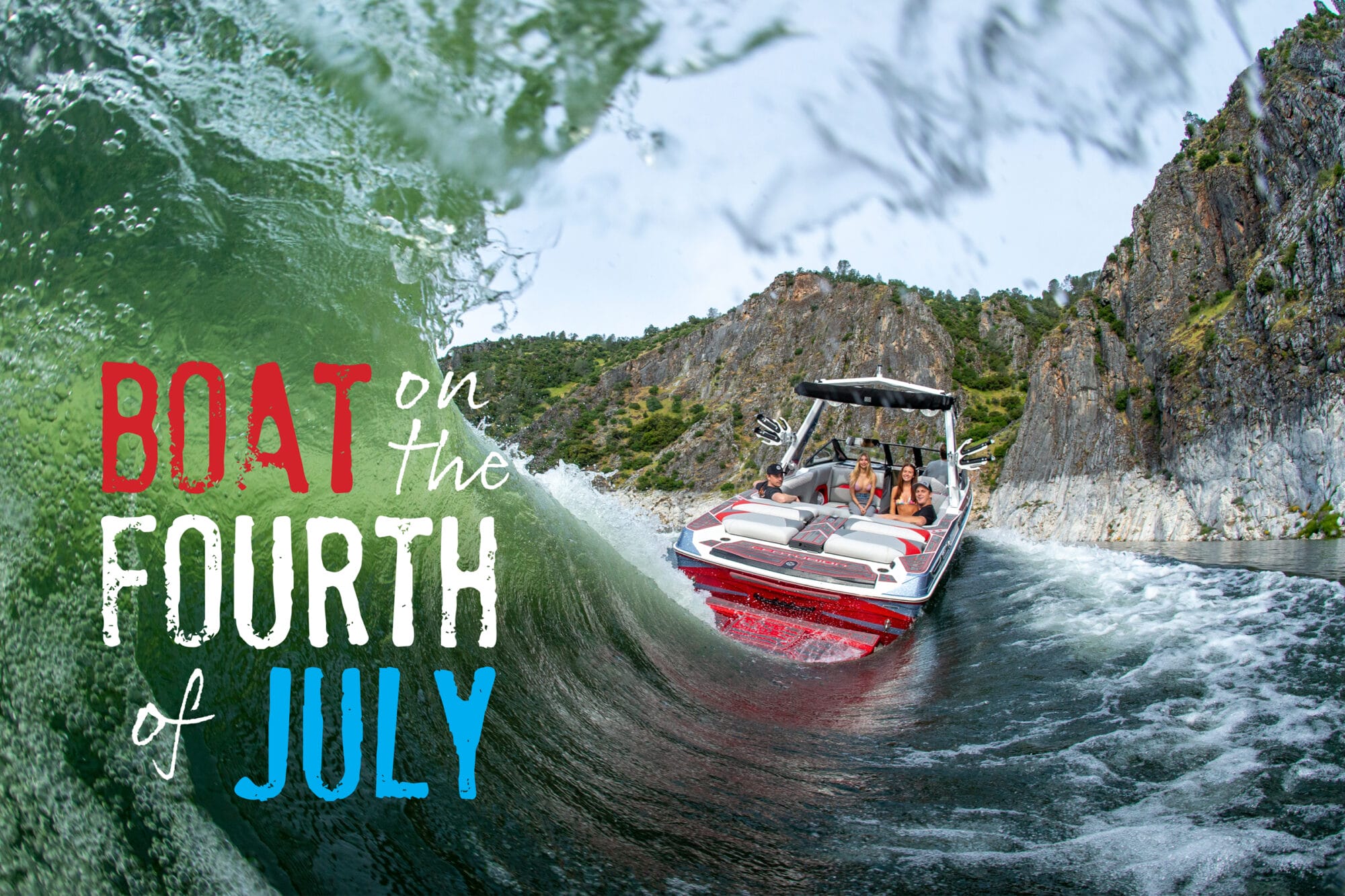 A boat with passengers rides through waves near rocky cliffs. The text "Boat on the Fourth of July" is displayed on the left side of the image.