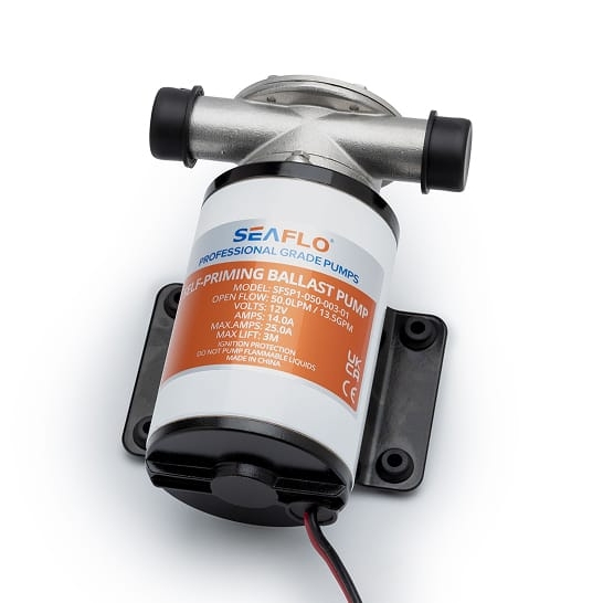 A Seaflo Fe Series self-priming ballast pump with labeled specifications, featuring personal details, mounted on a black base and shown against a white background.