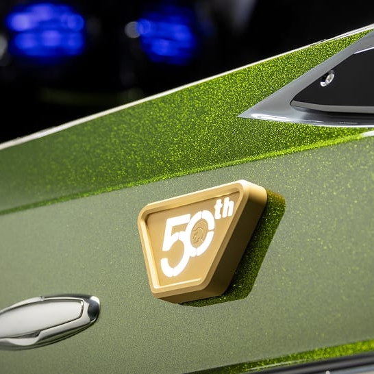 Close-up of a green car's body with a metallic 50th anniversary badge and chrome detailing, highlighting unique Fe Series personal features.