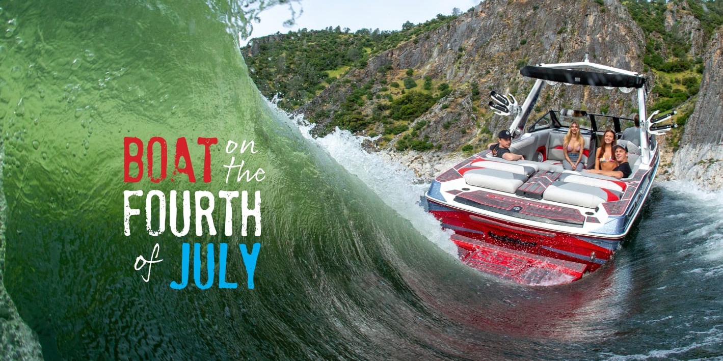 A speedboat with passengers rides a wave near a rocky shoreline. Text reads, 