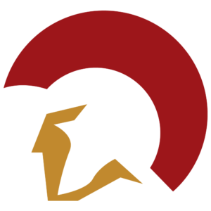 Angled silhouette of a Spartan helmet with a red crest and gold face guard.