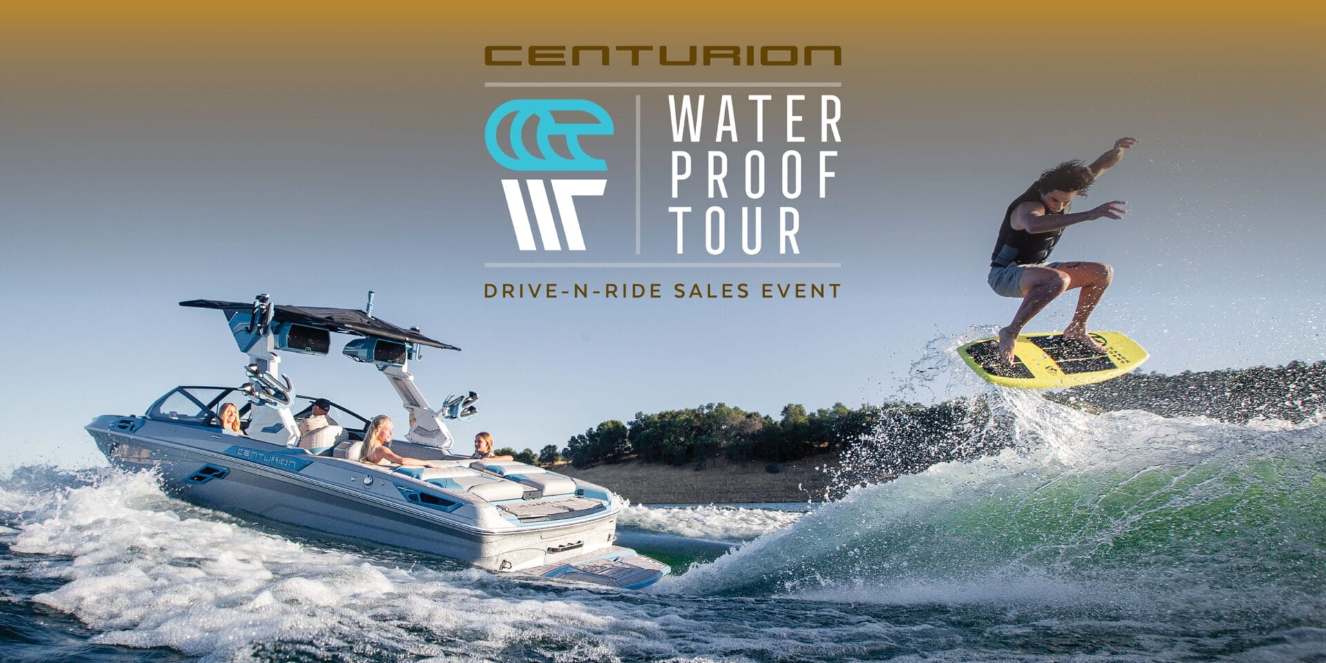 A person wakeboarding on a wave near a boat with several passengers. Text reads: