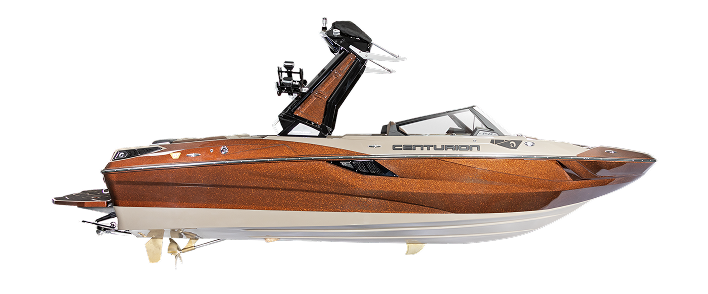 A brown and white Centurion Surf Boat with a black wakeboard tower is shown in profile on a white background.
