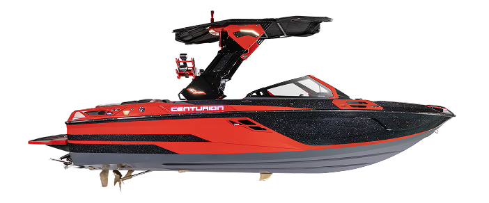 A red and black Centurion Boats speedboat with a wakeboard tower and visible seating, shown against a white background.