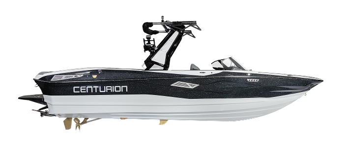 A black and white Centurion Surf Boat with a wakeboard tower, viewed from the side on a white background.