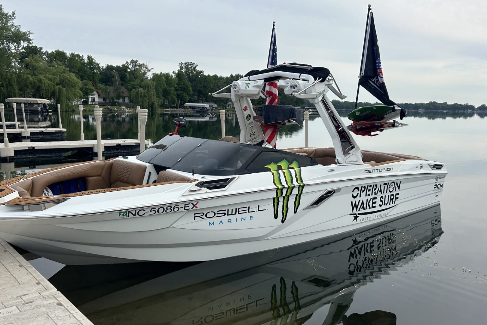 A white Centurion boat with 