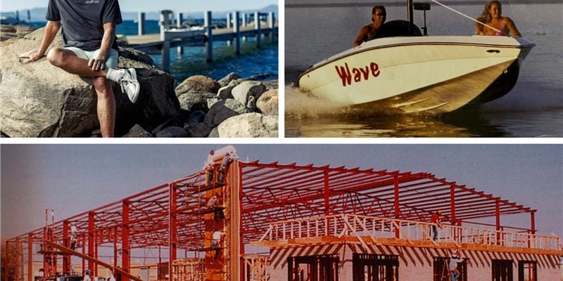 A man sits on rocks by the water, two people ride a Centurion Boat labeled 