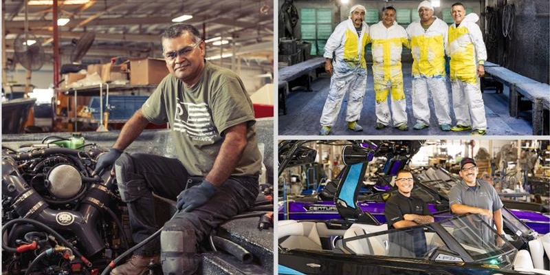 A collage shows workers in a boat manufacturing facility: one repairs an engine, four wear protective suits, and two pose in a finished boat inside the workshop.