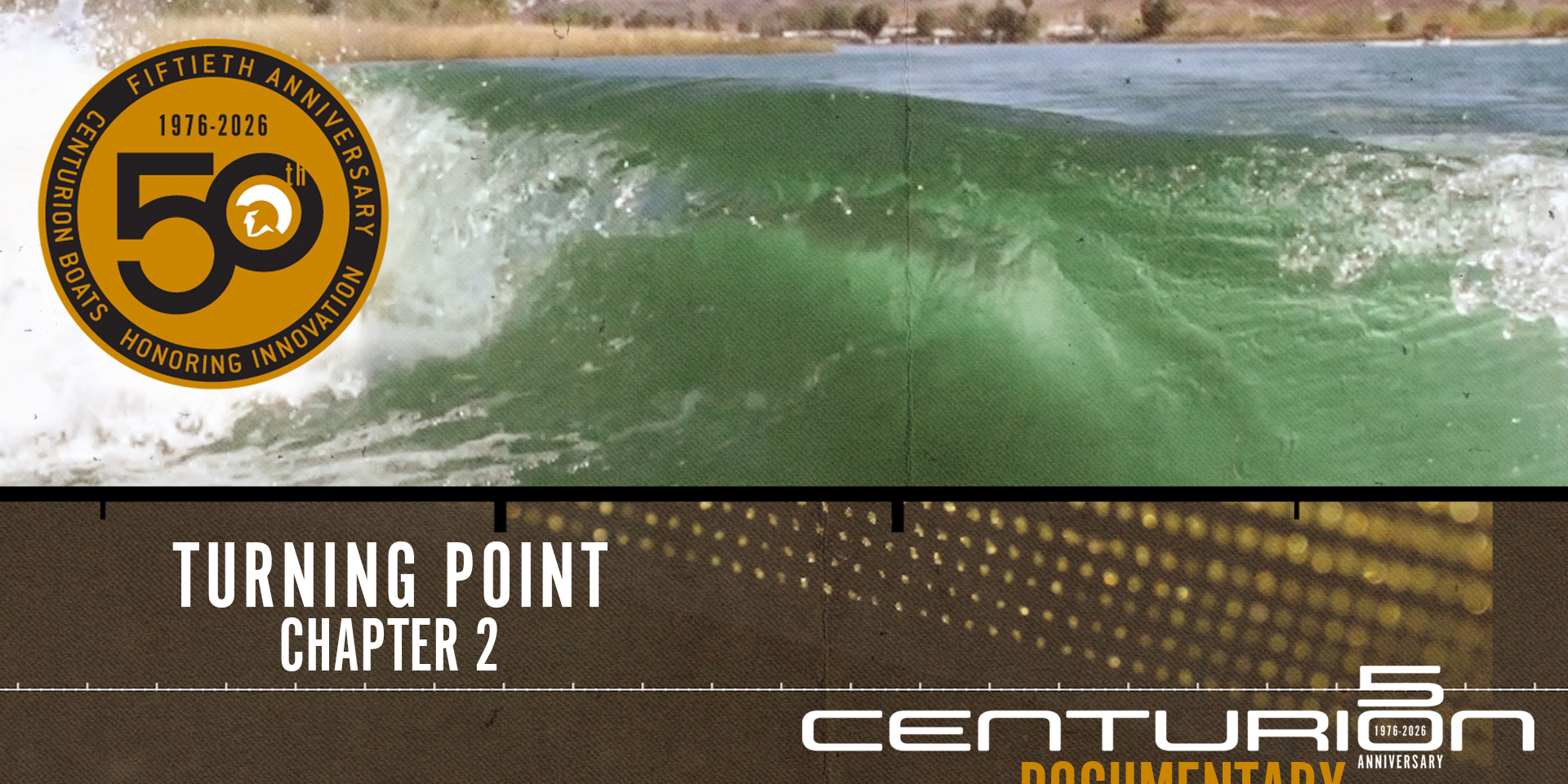 A green wave curls in front of a shoreline, featuring a gold 50th anniversary badge and text reading 