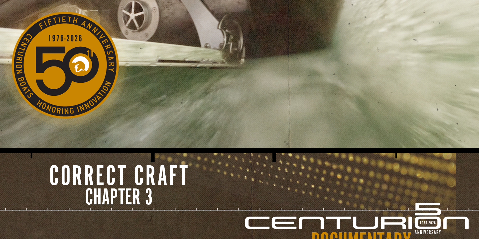 Close-up of a boat moving through water with a 50th anniversary seal, and text reading 