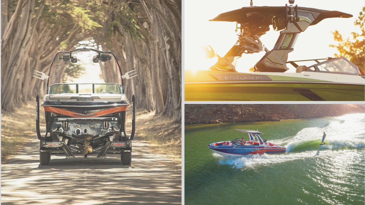 Three images of a Centurion wakeboard boat: trailered on a tree-lined road, a close-up of its wakeboard tower, and in use on a lake pulling a wakeboarder.
